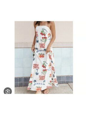 Paper Heart Linen Blend Fruit Print Midi Strapless Dress L